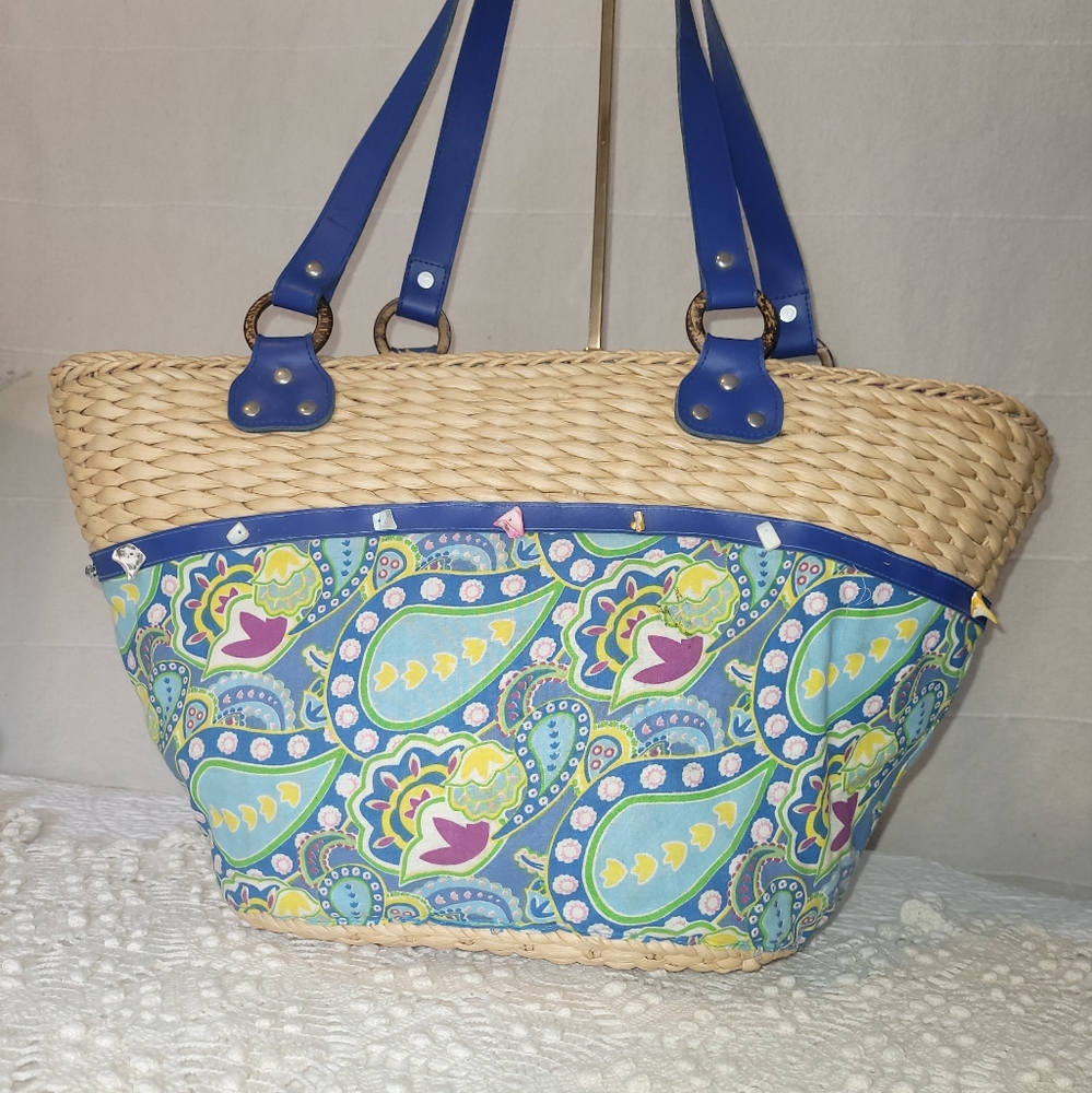 Taylor Layne Large Tote Beach Bag Straw Wicker Seashell Teal Paisley